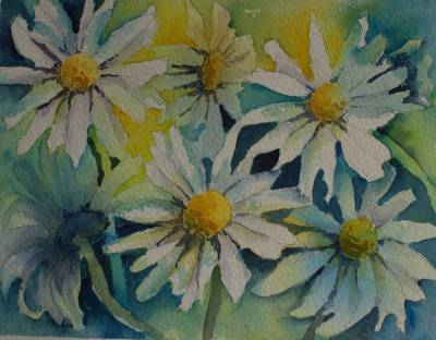 "Daisies" - Experimenting with colour and the negative painting technique. On 300gsm paper, mounted and unframed for ease of postage. Free postage within NZ. - Painting by Christine Parnell, an artist from Hawke's Bay, New Zealand.