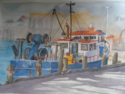 "Fishing Boat in the Iron Pot, Napier" - The fishing boats tie up in the Iron Pot in the Inner Harbour at Napier to unload and prepare for the next trip out to sea. On 300gsm paper, mounted and unframed for ease of postage. Free postage within NZ. - Painting by Christine Parnell, an artist from Hawke's Bay, New Zealand.