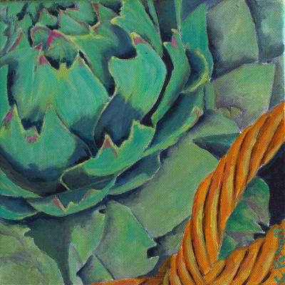 "Globe Artichokes" - on boxed canvas - Painting by Christine Parnell, an artist from Hawke's Bay, New Zealand.