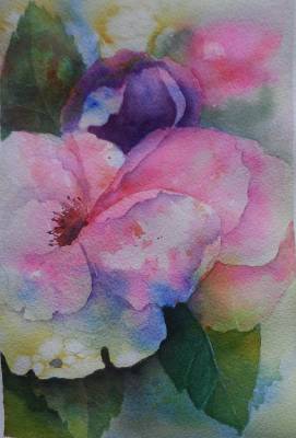 "Rose and Bud" - This was painted intuitively on 300gsm watercolour paper, with mount and unframed for ease of postage. Free postage within NZ. - Painting by Christine Parnell, an artist from Hawke's Bay, New Zealand.