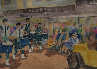 "Here Come the Drummers" - Drummers in the Napier City Pipe Band at Napier's Art Deco Festival 2018 - Painting by Christine Parnell, an artist from Hawke's Bay, New Zealand.