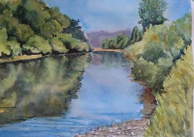 "Ongarue River near Taumarunui" - Near the confluence of the Ongarue and Whanganui Rivers. On Arches 300gsm watercolour paper, mounted and unframed for ease of postage. Free postage within NZ. - Painting by Christine Parnell, an artist from Hawke's Bay, New Zealand.