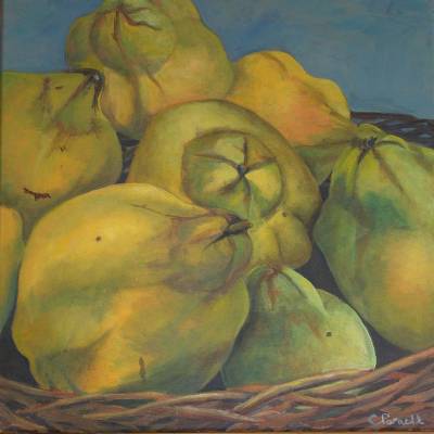 "Quinces in a Basket" - Acrylic on boxed canvas - Painting by Christine Parnell, an artist from Hawke's Bay, New Zealand.