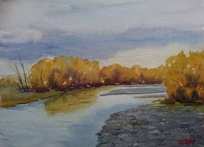 "Winter Colour - the Ngaruroro River near Napier" - This river runs out to the coast in Hawke's Bay and is a popular swimming spot in summer. On Arches 600gsm paper, mounted and unframed for ease of postage. Free postage within NZ. - Painting by Christine Parnell, an artist from Hawke's Bay, New Zealand.