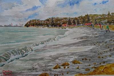 "High Seas at Ahuriri" - Painted after recent stormy weather in Napier when the seas were quite spectacular. Painting is unframed - price includes mount - Painting by Christine Parnell, an artist from Hawke's Bay, New Zealand.