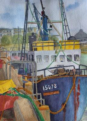 "Fishing Boat at West Quay" - This is one of the fishing boats that tie up along the picturesque West Quay in Napier. On Arches 300gsm paper with mount and unframed for ease of postage. Free postage within NZ. - Painting by Christine Parnell, an artist from Hawke's Bay, New Zealand.