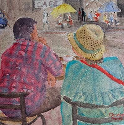 "We Should've Eaten Over There" - This couple were at a cafe in Kampot in Southern Cambodia and gazing wistfully across the road. On Arches 600gsm paper, mounted and unframed for ease of postage. Free postage within NZ. - Painting by Christine Parnell, an artist from Hawke's Bay, New Zealand.