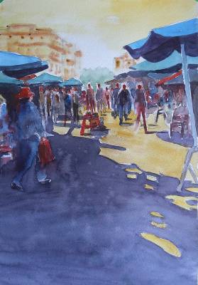 "Phnom Phen Market" - Inspiration for this painting came from a trip to Cambodia in 2019. This market was full of interesting sights, smells and sounds, On 300gsm watercolour paper and unframed for ease of postage. Free postage within NZ. - Painting by Christine Parnell, an artist from Hawke's Bay, New Zealand.