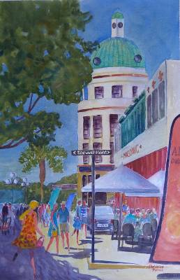 "Late for a Date" - On Arches 600gsm featuring Napier's beautiful art deco architecture (unframed) - Painting by Christine Parnell, an artist from Hawke's Bay, New Zealand.