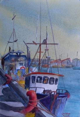 "Fishing Boats at West Quay, Napier" - I love this area of the Inner Harbour where the fishing boats tie up. It's a hive of industry with fishermen loading and unloading their boats, cyclists weaving their way through and the cafes over the road full of visitors. On 300gsm paper unframed - Painting by Christine Parnell, an artist from Hawke's Bay, New Zealand.