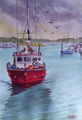 "Home From Fishing" - The skipper of this trawler will text when he is due home from a morning's fishing so that you can meet him at the wharf. Nothing like freshly-caught fish for dinner. - Painting by Christine Parnell, an artist from Hawke's Bay, New Zealand.