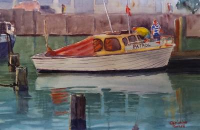 "Patrol Boat near the Sailing Club" - Near the Sailing Club in Napier is a great place to paint, and watch the world go by. On 300gsm watercolour paper and unframed for ease of postage. Free postage within NZ. - Painting by Christine Parnell, an artist from Hawke's Bay, New Zealand.