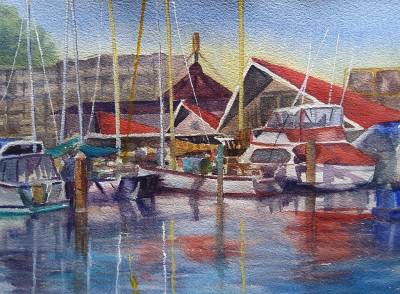 "Boats at the Sailing Club" - This is one of my favourite places to paint - on Baohong 300gsm paper unframed - Painting by Christine Parnell, an artist from Hawke's Bay, New Zealand.