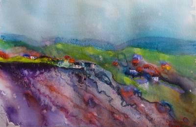 "Clifftop Village" - An experimental approach using watercolours with salt and granulating fluid led to this scene. Unframed on 300gsm watercolour paper for ease of postage. Free postage within NZ. - Painting by Christine Parnell, an artist from Hawke's Bay, New Zealand.