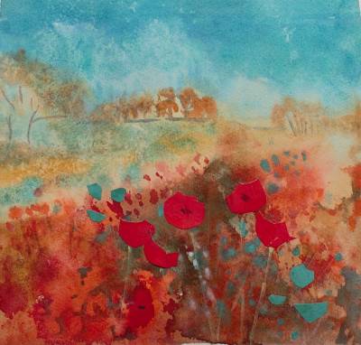 "Poppies" - A small watercolour painted intuitively using quality watercolours and incorporating collage on 300gsm paper - unframed for ease of postage. Postage is free within NZ. - Painting by Christine Parnell, an artist from Hawke's Bay, New Zealand.