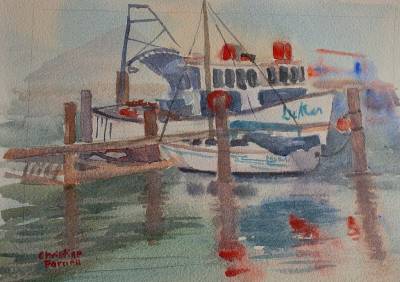 "Two Boats" - These two boats were snuggling up to one another in Napier's Inner Harbour. On 300gsm paper and unframed for ease of postage. Free postage within NZ. - Painting by Christine Parnell, an artist from Hawke's Bay, New Zealand.